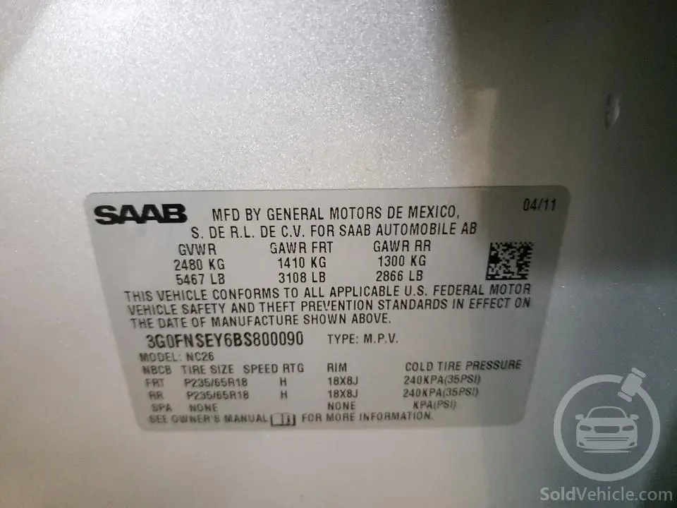 3G0FNSEY6BS800090 Saab 9 4 Premium 2011 Silver 3.0L 6