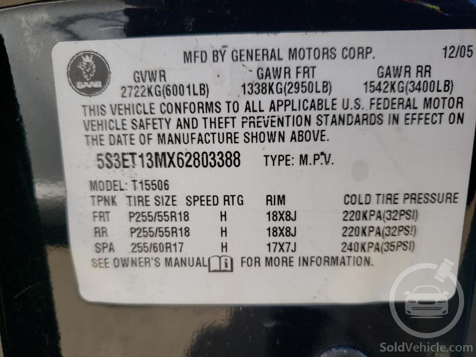 5S3ET13MX62803388 Saab 9 7 Arc 2006 Black 5.3L 8