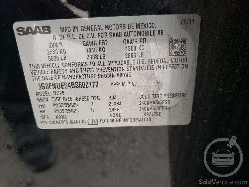 3G0FNUE64BS800177 Saab 9 4 Aero 2011 Black 2.8L 6