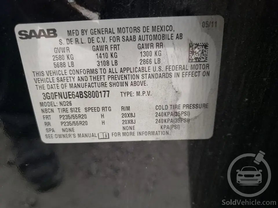 3G0FNUE64BS800177 Saab 9 4 Aero 2011 Black 2.8L 6