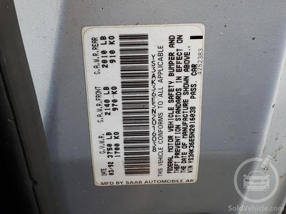 YS3AK36E5N2016038 Saab 900 Base 1992 Silver 2.1L 4