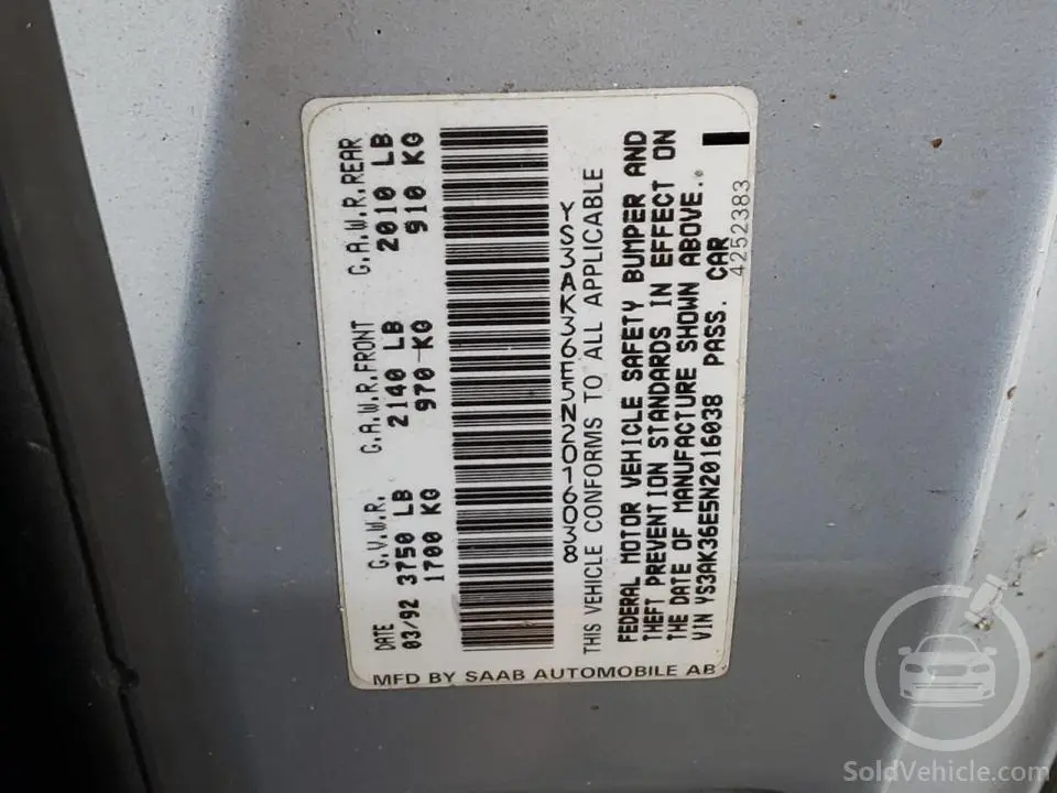 YS3AK36E5N2016038 Saab 900 Base 1992 Silver 2.1L 4